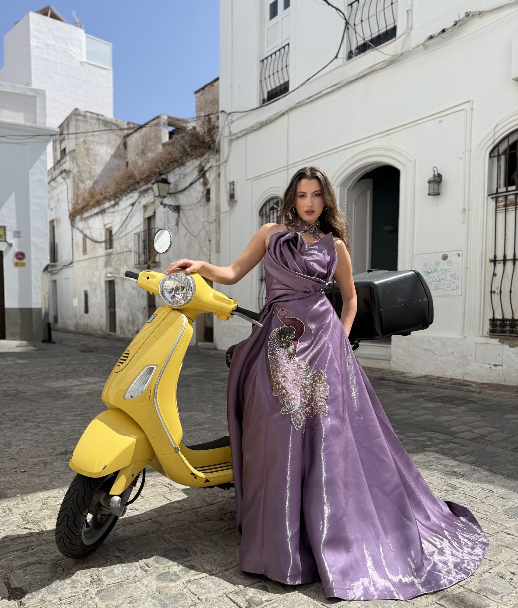 Hand-embroidered peacock gown, on location